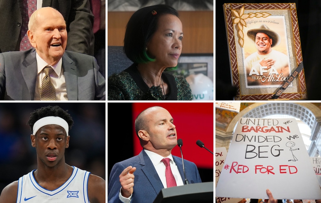 (The Salt Lake Tribune) Clockwise from top left: Former LDS Church President Russell M. Nelson; UVU President Astrid Tuminez; Afa Ah Loo; HB 267 protestors; U.S. Sen. Mike Lee; BYU men's basketball freshman AJ Dybantsa.
