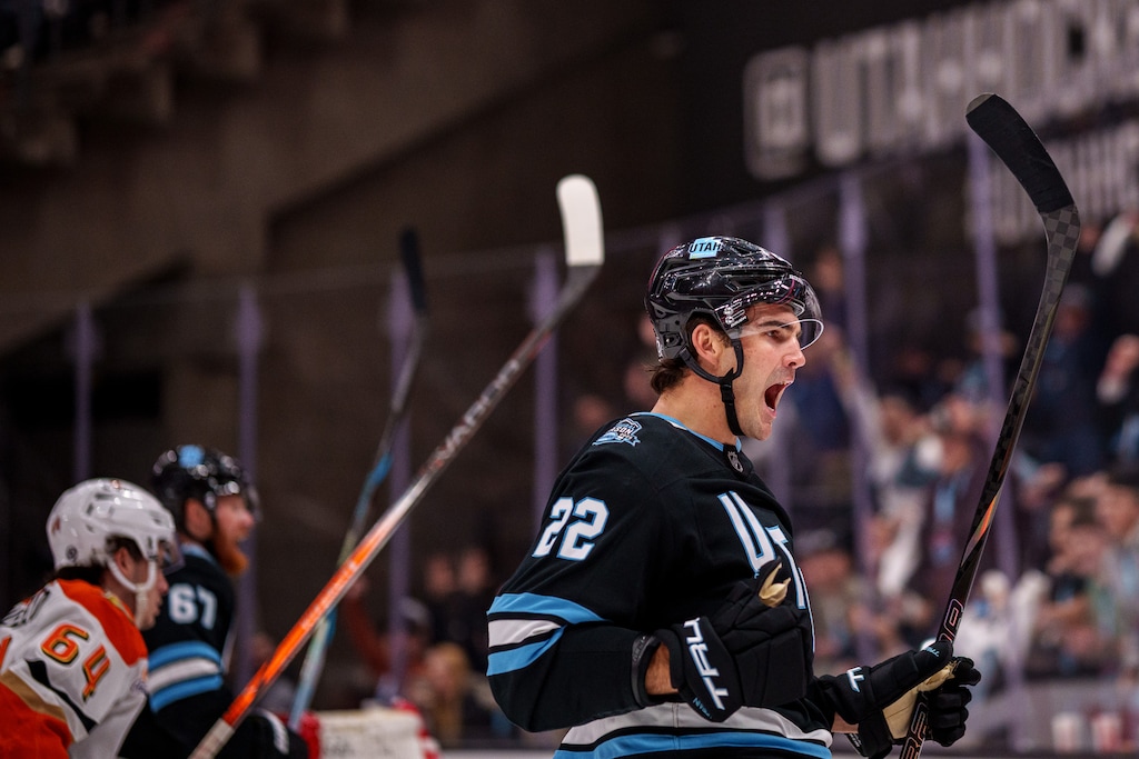 (Trent Nelson  |  The Salt Lake Tribune) Utah Hockey Club center Jack McBain (22) celebrates a goal by Utah Hockey Club defenseman Ian Cole (28) as Utah Hockey Club hosts the Anaheim Ducks, NHL hockey in Salt Lake City on Wednesday, March 12, 2025.