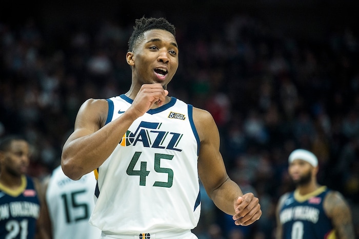 (Chris Detrick  |  The Salt Lake Tribune)  Utah Jazz guard Donovan Mitchell (45) during the game at Vivint Smart Home Arena Friday, December 1, 2017.  Utah Jazz defeated New Orleans Pelicans 114-108.