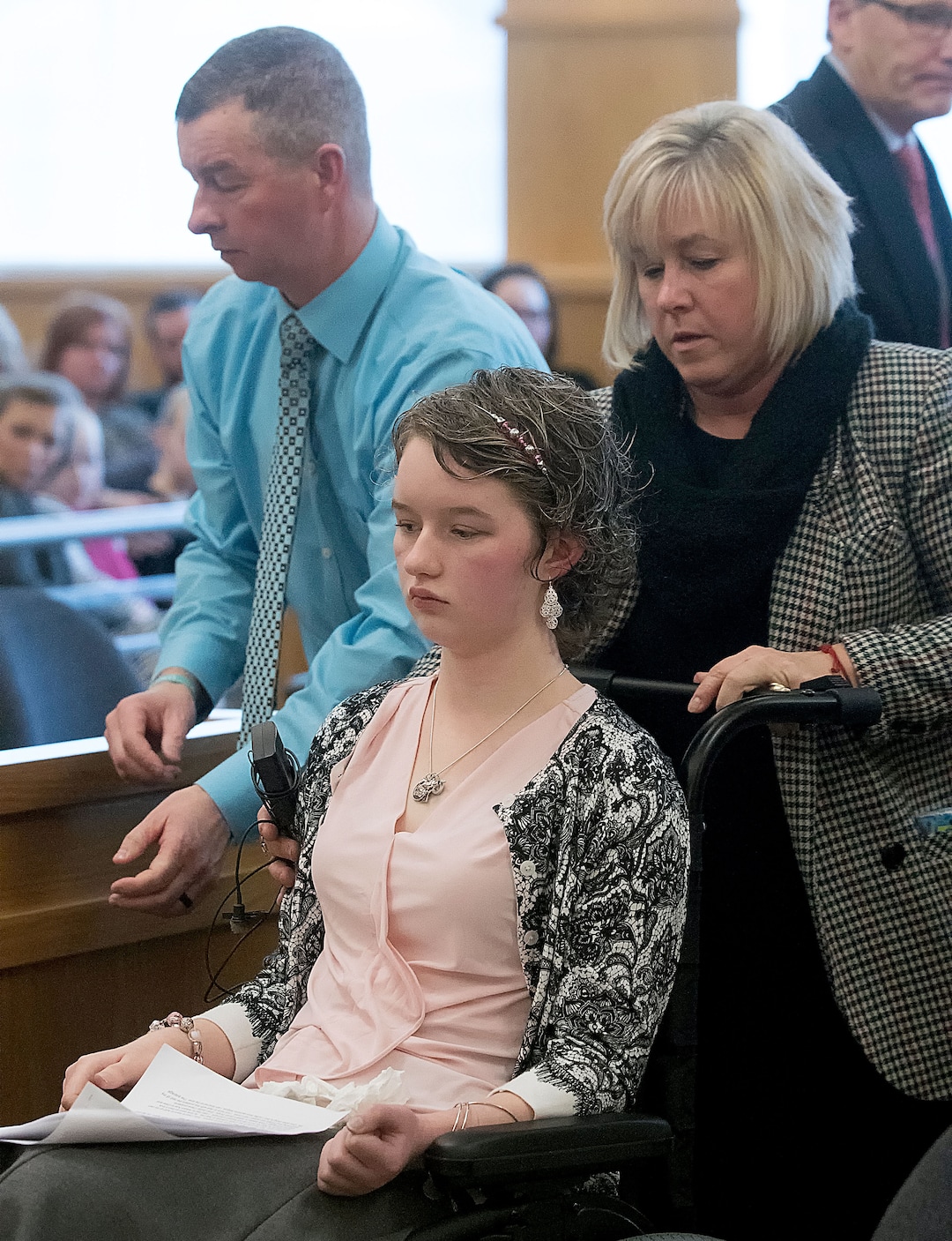 (Eli Lucero  |  Herald Journal, pool) Deserae Turner speaks during Colter Peterson's sentencing hearing for attempted aggravated murder and robbery, Thursday, Feb. 1, 2018, in Logan, Utah. Peterson received a sentence of 15 years to life for shooting Deserae Turner in February 2017, and leaving her for dead in a dry irrigation canal in Smithfield, Utah.
