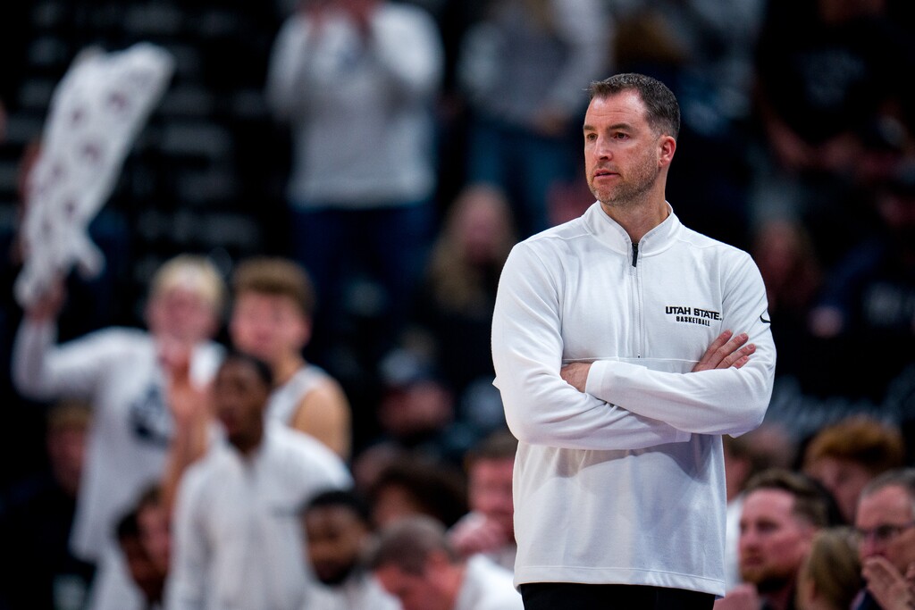 (Trent Nelson  |  The Salt Lake Tribune) Danny Sprinkle as Utah State faces San Francisco, NCAA basketball in Salt Lake City on Saturday, Dec. 16, 2023.