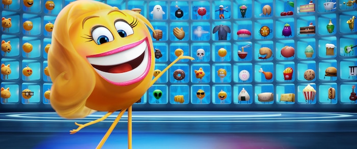 This image released by Sony Pictures shows Smiler, voiced by Maya Rudolph, in Columbia Pictures and Sony Pictures Animation's "The Emoji Movie." (Sony Pictures Animation via AP)