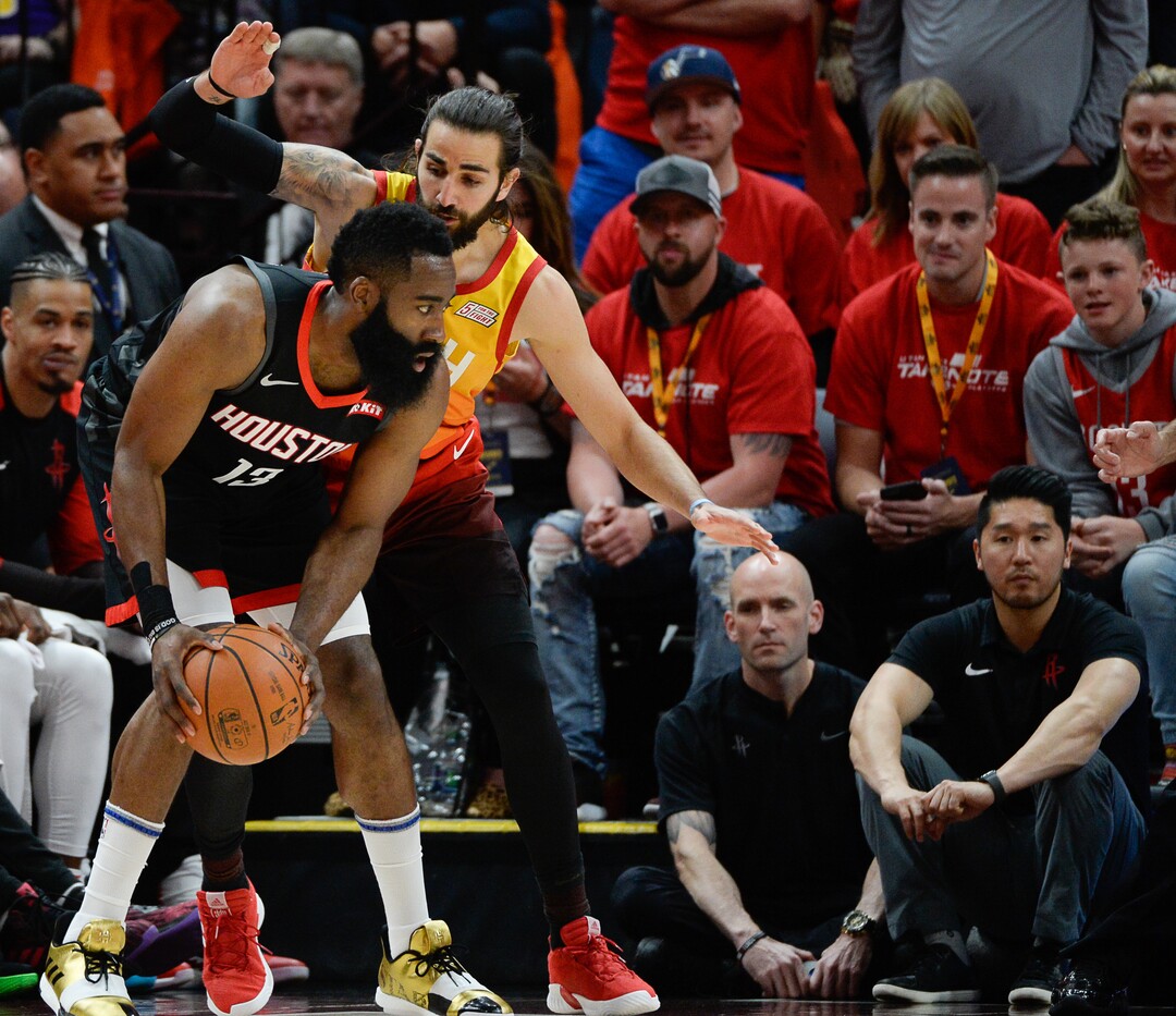 (Francisco Kjolseth  |  The Salt Lake Tribune)  Houston Rockets guard James Harden (13) is pressured by Utah Jazz guard Ricky Rubio (3) in Game 3 of a first-round NBA basketball playoff series in Salt Lake City, Saturday, April 20, 2019.