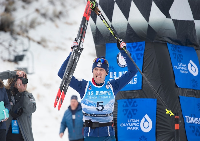 (Scott Sommerdorf   |  The Salt Lake Tribune)   
Bryan Fletcher reacts as he heads toward the winners podium after winning the Nordic Combined Olympic Trials in Park City, Saturday, December 30, 2017.