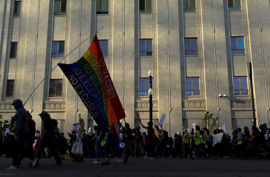 (Leah Hogsten  |  The Salt Lake Tribune) The Party for Socialism and Liberation Salt Lake joined Salt Lake Equal Rights Movement at the Wallace Bennett Federal Building in solidarity with the Black Lives Matter movement, June 9, 2020. 