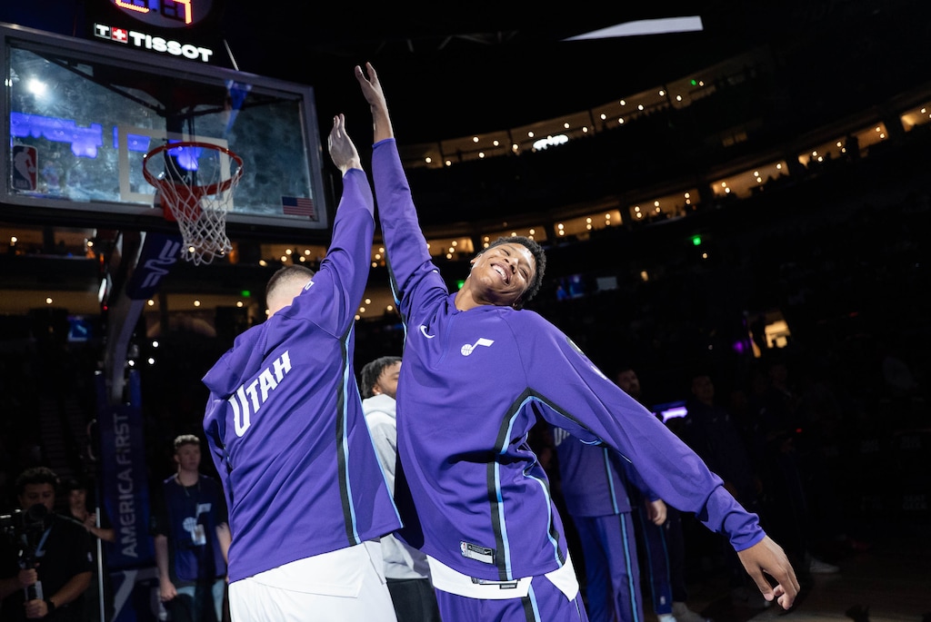 (Francisco Kjolseth | The Salt Lake Tribune) Utah Jazz forward Ace Bailey (19) is introduced during an NBA basketball preseason game in Salt Lake City on Monday, Oct. 13, 2025.