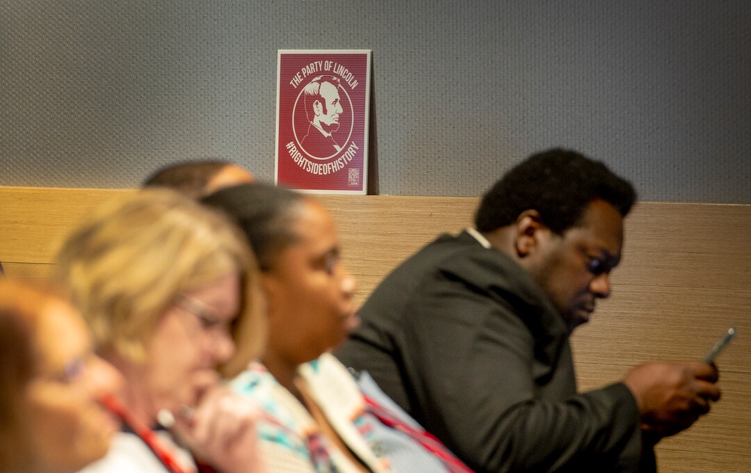 (Leah Hogsten  |  The Salt Lake Tribune) A sign hanging at the Utah Republican Party Central Committee meeting with the face of U.S. President Abraham Lincoln reads "The Party of Lincoln" and "#RightSideOfHistory."  The Utah Republican Party Central Committee meets Saturday, May 19, 2018, to elect a new party vice chairman and debate several potential bylaw changes. 