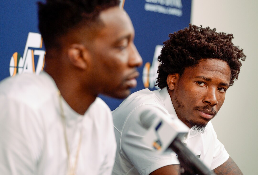(Leah Hogsten  |  The Salt Lake Tribune) The Utah JazzÕs newest members, forward Jeff Green and forward/center Ed Davis, who were signed to the Utah Jazz on July 20, answer questions from members of the media Friday, July 26, 2019 at the Jazz basketball facility.