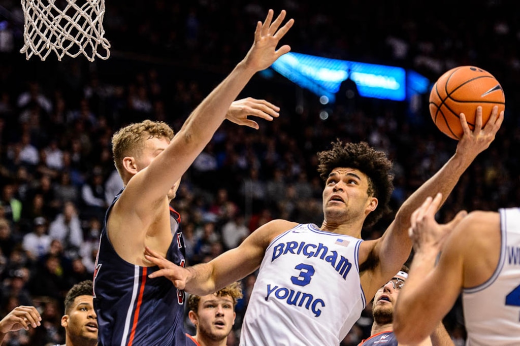 (Trent Nelson | The Salt Lake Tribune)   Brigham Young Cougars guard Elijah Bryant (3) shoots over St. Mary's Gaels center Jock Landale (34) as BYU hosts the St. Mary's Gaels, NCAA basketball in Provo, Saturday December 30, 2017.