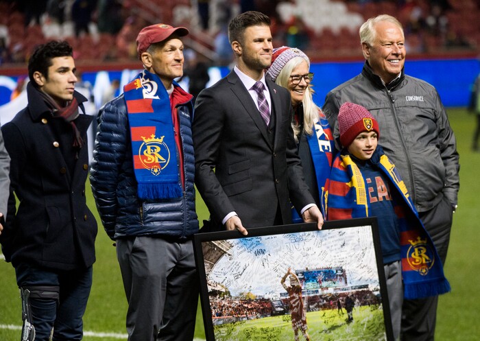 (Rick Egan  |  The Salt Lake Tribune)    Former Real Salt Lake player Chris Wingert is honored between periods in during the Real Salt Lake and New York Red Bulls game at Rio Tinto Stadium, Saturday, March 17, 2018.


