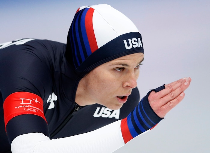 Brittany Bowe of the U.S. competes during the women's 1,500 meters speedskating race at the Gangneung Oval at the 2018 Winter Olympics in Gangneung, South Korea, Monday, Feb. 12, 2018. (AP Photo/Vadim Ghirda)