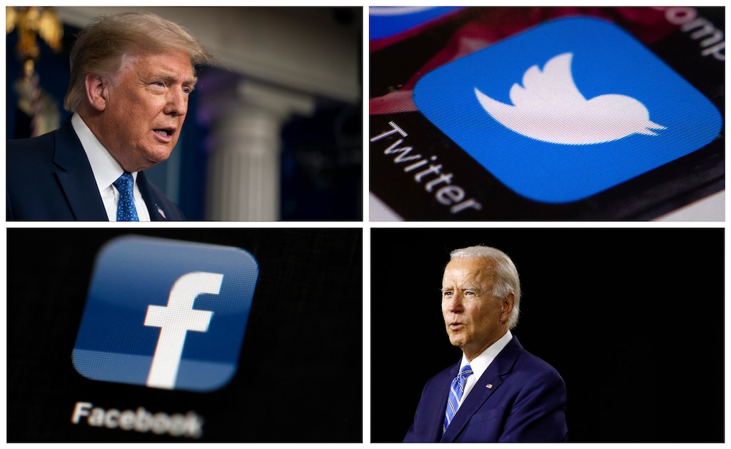 This photo combo of images shows, clockwise, from upper left: President Donald Trump speaking during a news conference at the White House on July 22, 2020, in Washington, the Twitter app, Democratic presidential candidate, former Vice President Joe Biden speaking during a campaign event on July 14, 2020, in Wilmington, Del., and the Facebook app. With just 100 days to go until Election Day, President Donald Trump and his Democratic rival Joe Biden aren't just attacking one another in online ads. Their ads are also targeting tech companies like Facebook and Twitter. (AP Photo)