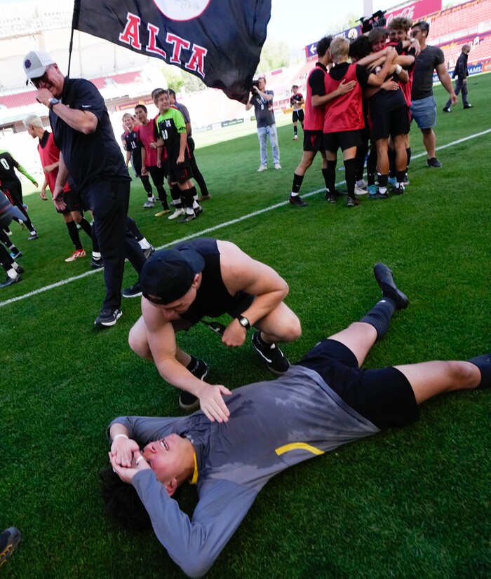 (Francisco Kjolseth | The Salt Lake Tribune) Alta goalie Thiago Moreira (1) celebrates their 5A State Soccer Championship title over Lehi at Rio Tinto Stadium, Wednesday, May 25, 2022. Alta defeated Lehi in shootout 3-1.