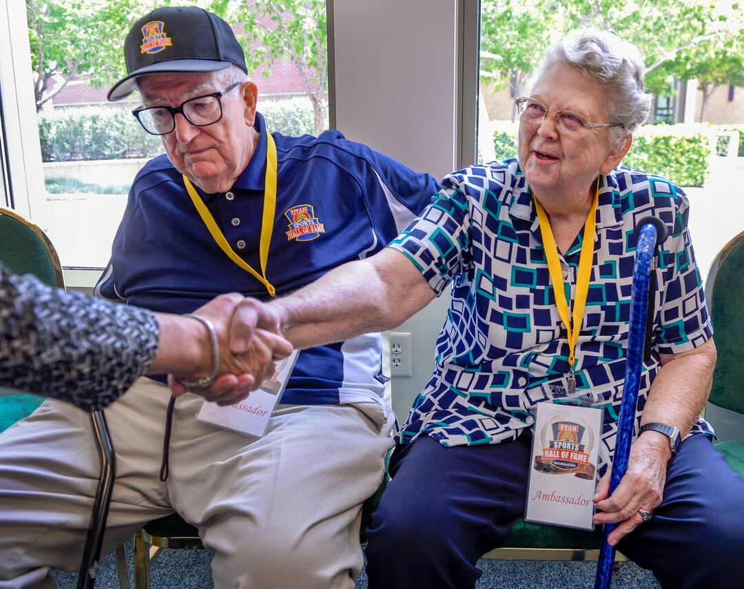 (Leah Hogsten  |  The Salt Lake Tribune)  l-r Former Utah Jazz coach Frank Layden and former Utah State University volleyball coach Ealine Michaelis attend the Utah Sports Hall of Fame preview, Wednesday, May 15, 2019 before its grand opening this Saturday.