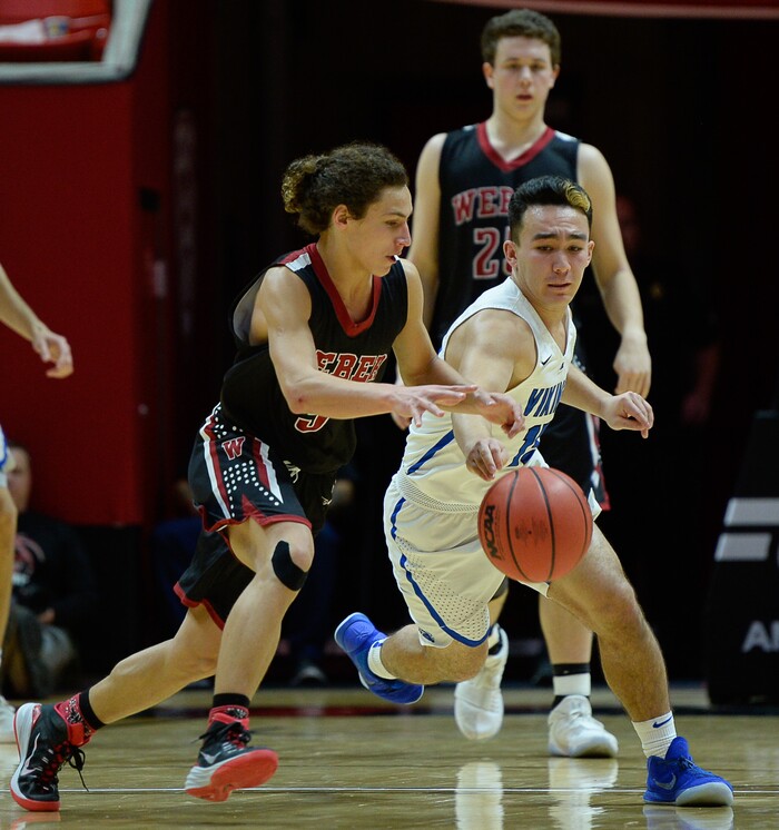 (Francisco Kjolseth  |  The Salt Lake Tribune)  Weber vs Pleasant Grove, 6A State high school basketball tournament at the Huntsman Center in Salt Lake City, Thursday March 1, 2018. Weber's Hudson Schenck (3) battles Pleasant Grove's Kainoa Maldonado (15). 