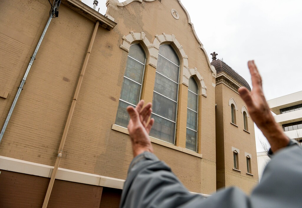 (Leah Hogsten  |  Tribune file photo)  "I want it insurable," said Larry Hjalmarson, First United Methodist Church member and maintenance overseer, March 19, 2020. "This is really an important building for our congregation, for our community." The church sustained damage from the 5.7 magnitude earthquake on Wednesday. Waves of aftershocks have been felt since that first temblor.