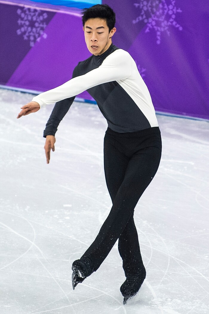 (Chris Detrick  |  The Salt Lake Tribune)  Salt Lake City's Nathan Chen falls while competing in the Men Single Skating Short Program at Gangneung Ice Arena during the Pyeongchang 2018 Winter Olympics Friday, Feb. 16, 2018. Chen finished with a score of 82.27.