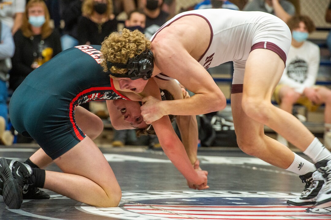 (Rick Egan | The Salt Lake Tribune) Blake Woolsey (Morgan) wrestles Dallan Hunsaker (AF) 120 division at the High School All Star wrestling event in Orem, on Tuesday, Jan. 12, 2021.