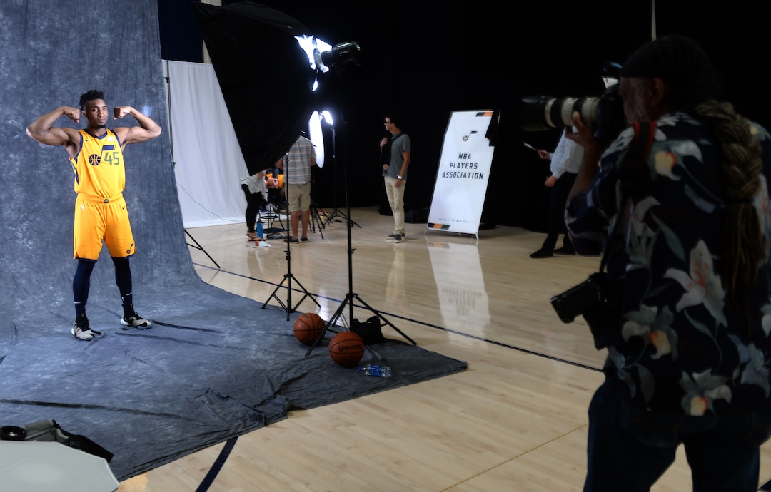(Rick Egan  |  The Salt Lake Tribune)      Donovan Mitchell, poses for Rick Bowmer from the Associated Press, during the Utah Jazz annual Media Day photo shoot, Monday, Sept. 24, 2018.