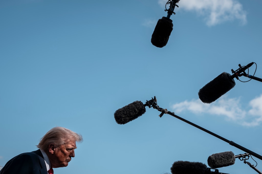 FILE — President Donald Trump speaks to the press as he tours the renovation site at the Federal Reserve in Washington, on Thursday, July 24, 2025. (Haiyun Jiang/The New York Times)