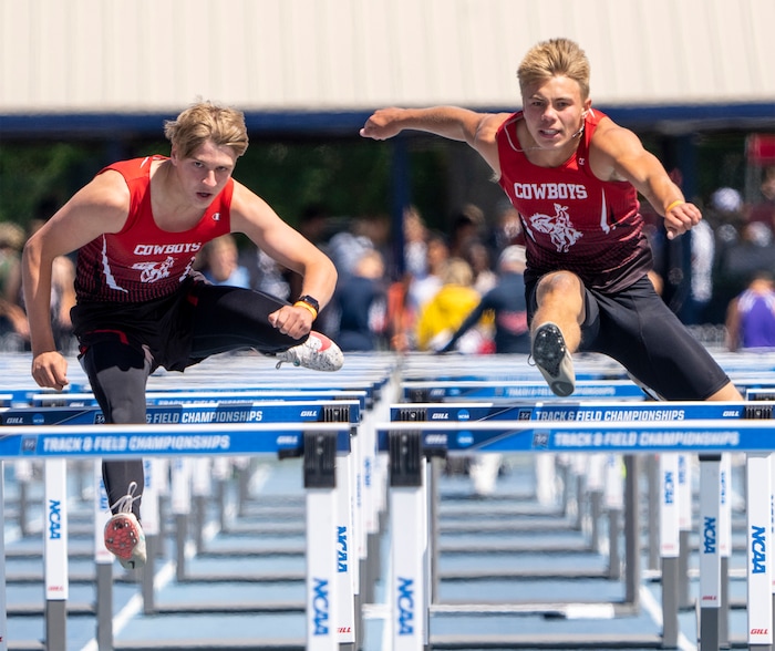 (Rick Egan | The Salt Lake Tribune)  Kanab High runners, Saxton Unsworth and Jackson Clark  compete in heat 1 of the 2A Boys 100 Meter race, at the Utah High School State Track Meet, at BYU on Friday, May 20, 2022.
