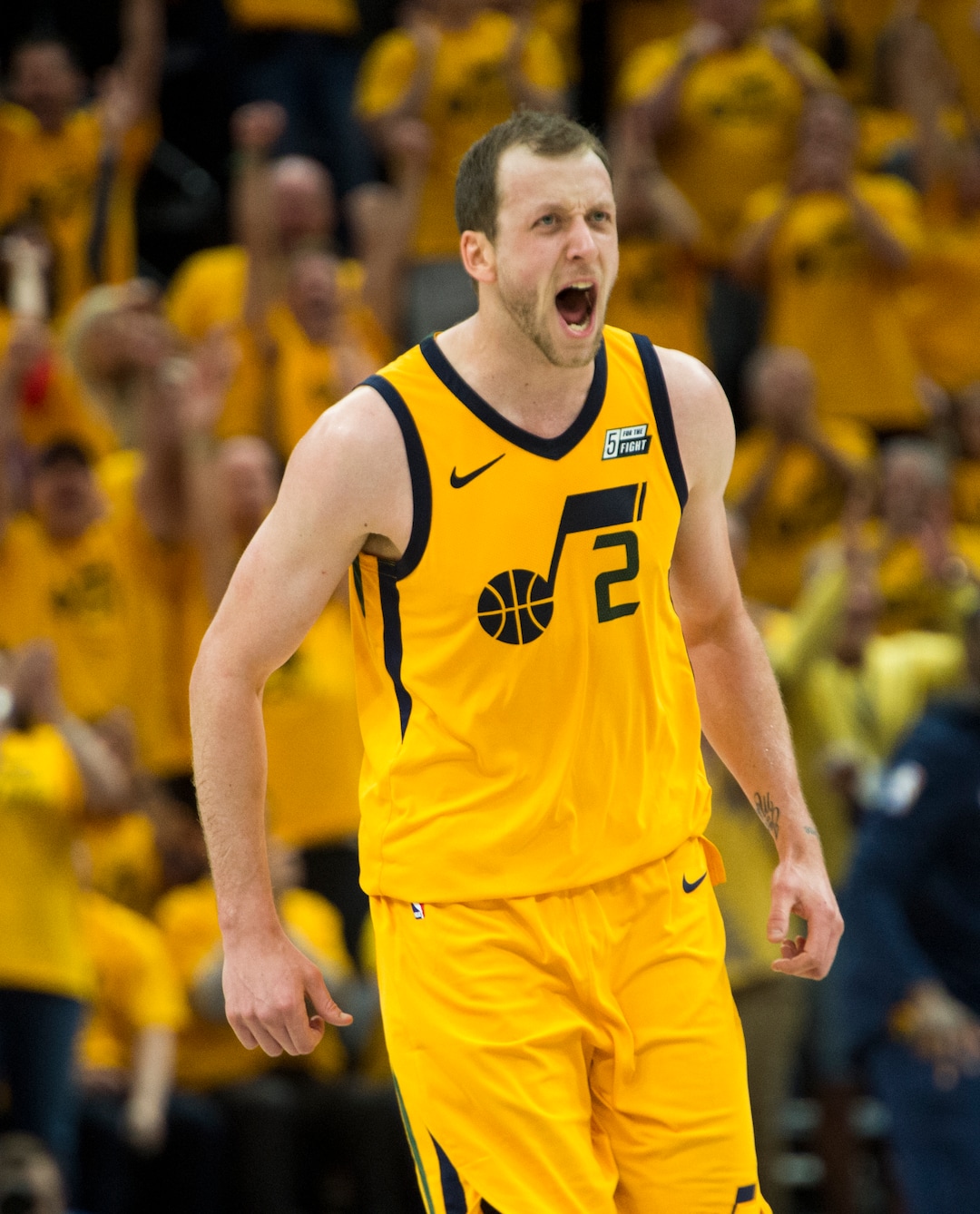 (Rick Egan  |  The Salt Lake Tribune)     Utah Jazz forward Joe Ingles (2) reacts after tying the game 39-39 with a 3-point-shot in the second quarter, in NBA game 6 playoff action between Utah Jazz and Oklahoma City Thunder in Salt Lake City, Friday, April 27, 2018.