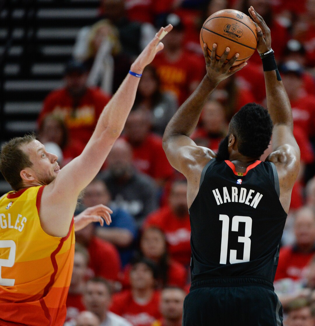 (Francisco Kjolseth  |  The Salt Lake Tribune)  Utah Jazz forward Joe Ingles (2) pressures Houston Rockets guard James Harden (13) in Game 3 of a first-round NBA basketball playoff series in Salt Lake City, Saturday, April 20, 2019.