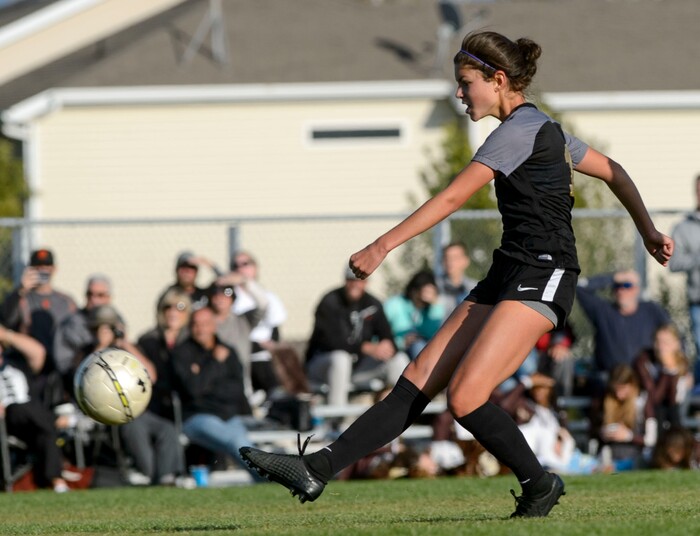 (Steve Griffin  |  The Salt Lake Tribune)  Davis midfielder Alexa Maple drives a shot into the goal during the Class 6A girls' soccer playoff game against Copper Hills at Copper Hills High School in West Jordan Tuesday October 10, 2017.