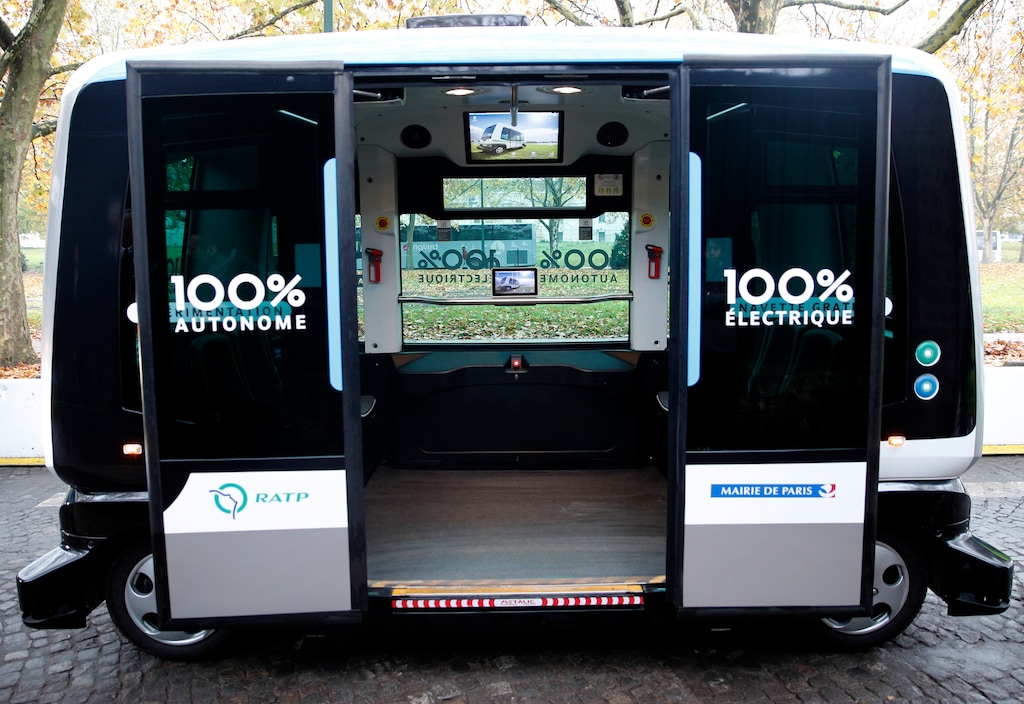 (Christophe Ena | AP) This Nov. 17, 2017, file photo, shows a view inside an electric driverless shuttle produced by EasyMile, during an experiment, in Paris. The self-driving shuttle service that was ordered to stop carrying passengers in February has been cleared to resume operations with new safety precautions. The U.S. National Highway Traffic Safety Administration told France-based EasyMile to halt passenger operations on low-speed shuttles in 16 U.S. cities after a mysterious braking problem occurred Feb. 20 in Columbus, Ohio.