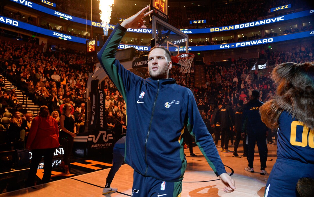 (Francisco Kjolseth  |  The Salt Lake Tribune)  Utah Jazz forward Bojan Bogdanovic (44) is introduced as the Utah Jazz host the New Orleans Pelicans in their NBA basketball game at Vivint Smart Home Arena in Salt Lake City on Sat. Nov. 23, 2019.
