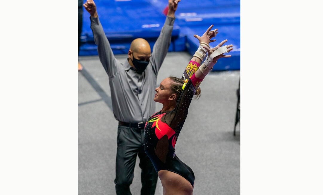 (Rick Egan | The Salt Lake Tribune) Maile O'Keefe competes on the uneven bars, in PAC-12 gymnastics action Utah vs Arizona, at the Huntsman Center onSaturday, Jan. 23, 2021.