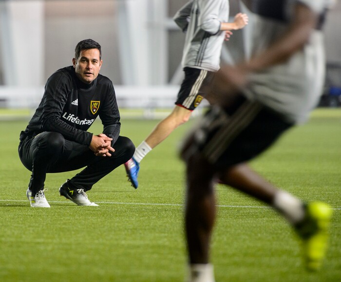(Steve Griffin  |  The Salt Lake Tribune) RSL head coach Mike Petke runs practice with his players at the new Zions Bank Real Academy indoor facility in Herriman Tuesday January 23, 2018.