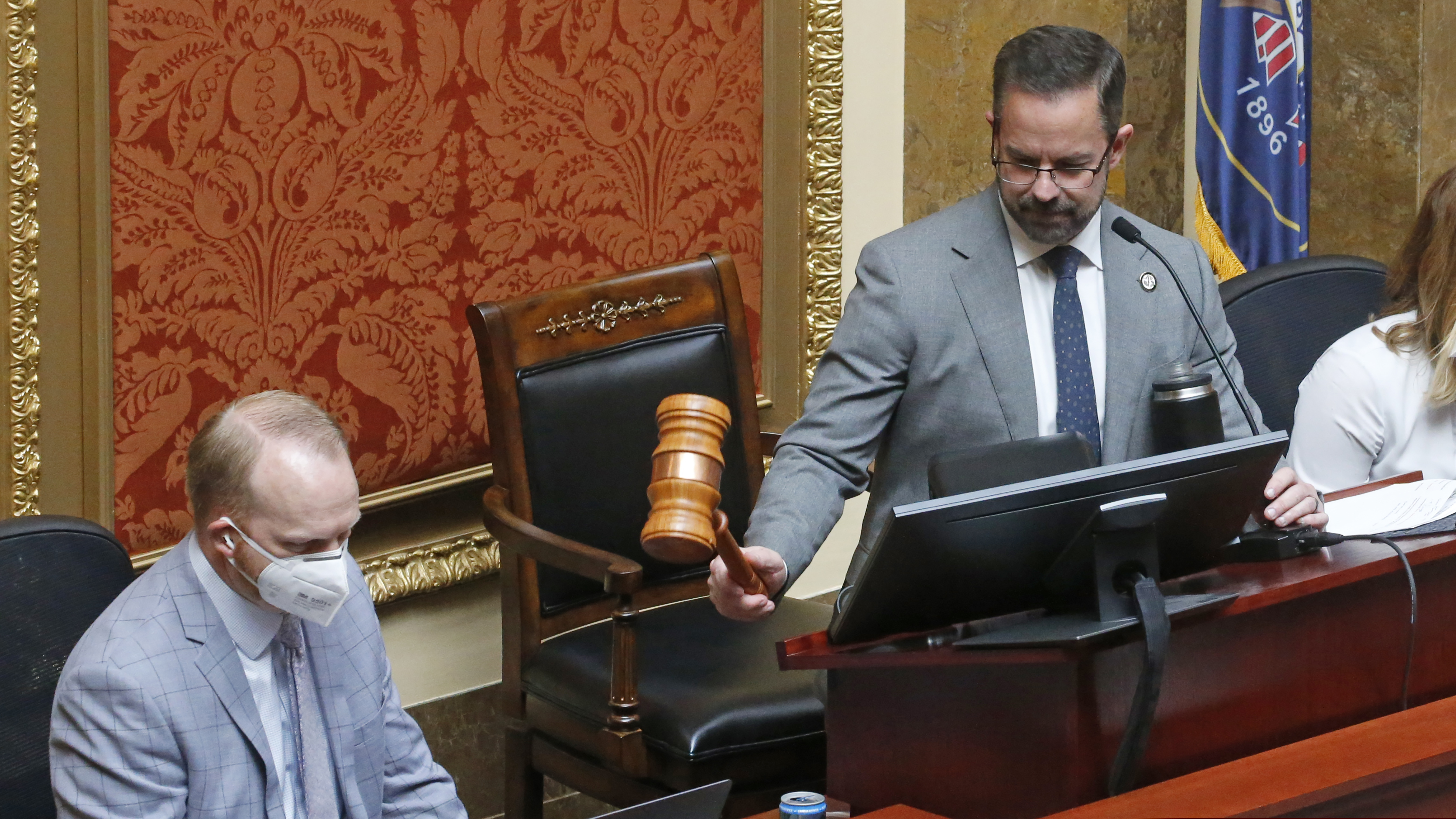 (Rick Bowmer | AP file photo) In this April 16, 2020, file photo, House Speaker Brad Wilson, R-Kaysville, right, adjourns the Utah Legislature's virtual special session from the House chambers at the Utah State Capitol in Salt Lake City.