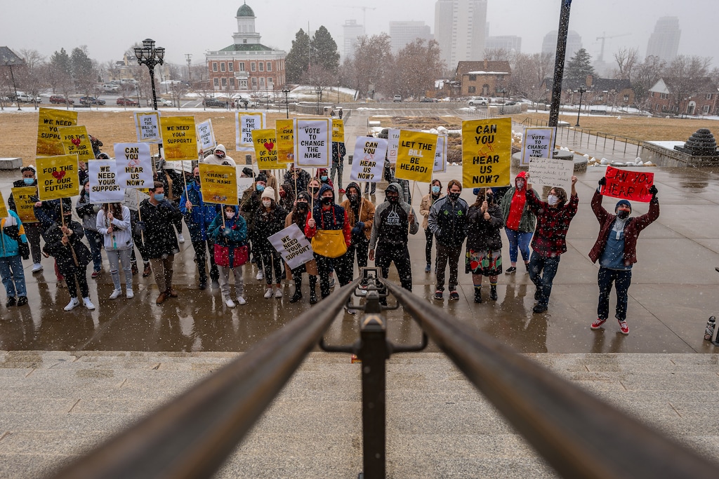 (Trent Nelson | The Salt Lake Tribune) Students from Dixie State University rally at the state Capitol in Salt Lake City on Wednesday, Feb. 24, 2021, calling on lawmakers to change the name of their school. Discussions are underway that might break a political logjam in the Senate that has been blocking the bill allowing a name change.