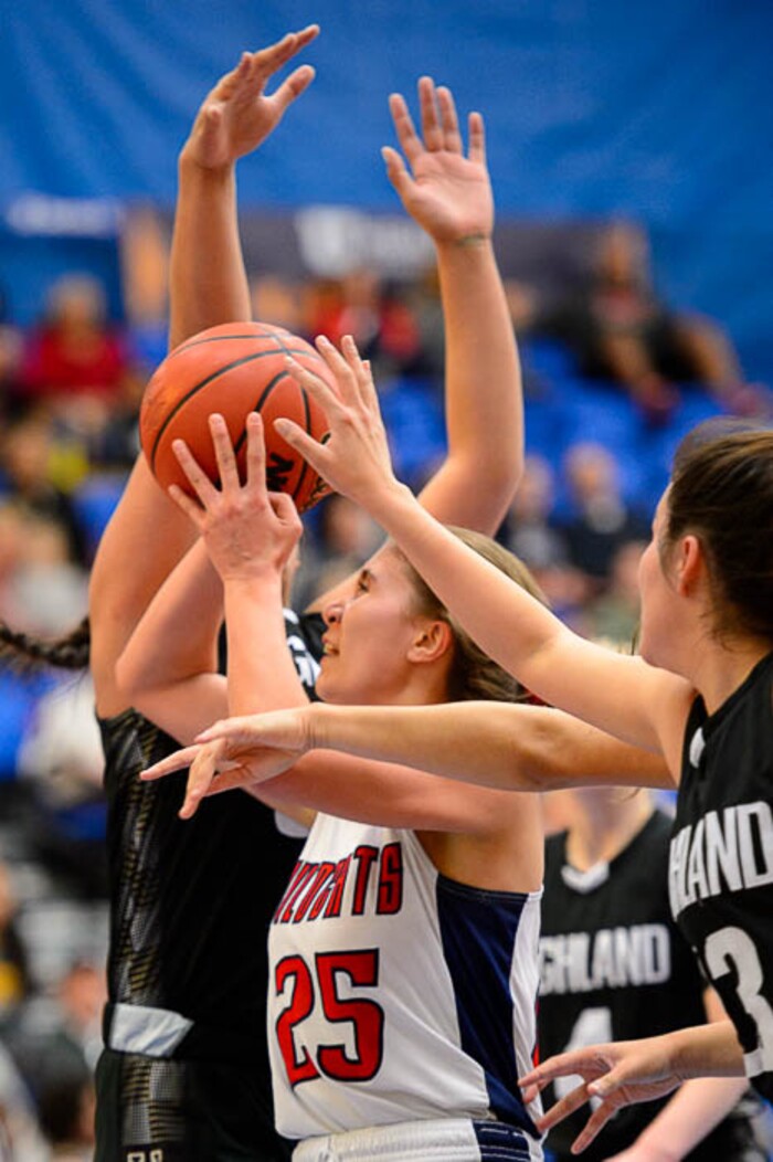 (Trent Nelson | The Salt Lake Tribune)  Woods Cross's Riley Aiono (25) as Woods Cross faces Highland in the 5A High School Girls' Basketball Tournament at SLCC in Taylorsville, Wednesday Feb. 21, 2018.