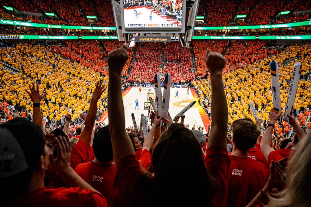 (Trent Nelson | The Salt Lake Tribune)  Utah Jazz host the Oklahoma City Thunder, Game 3, NBA playoff basketball in Salt Lake City, Saturday April 21, 2018. Fans cheer in the fourth quarter.