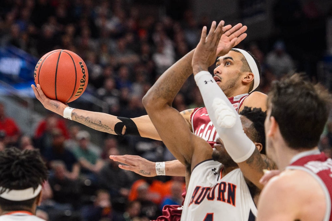 (Trent Nelson | The Salt Lake Tribune)  New Mexico State Aggies guard Trevelin Queen (20) as Auburn faces New Mexico State in the 2019 NCAA Tournament in Salt Lake City on Thursday March 21, 2019.