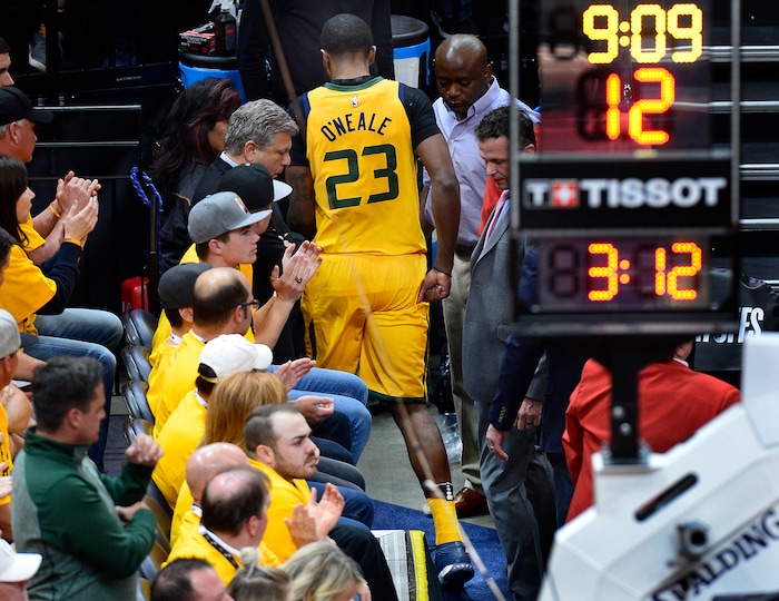 (Scott Sommerdorf | The Salt Lake Tribune)
Utah Jazz forward Royce O'Neale (23) heads off the court after injuring his leg during first half play. The Rockets led the Jazz 58-48 at the half, Sunday, May 6, 2018.