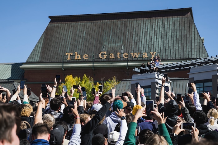(Clark Clifford  |  Special to The Salt Lake Tribune) Dozens of phones being held as high as possible for a better look of Kanye West during his Sunday Service at The Gateway in Salt Lake City on Saturday, Oct. 5, 2019.