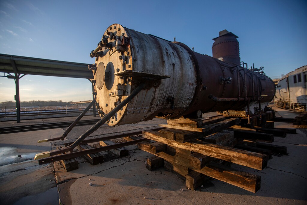 (Ben Dorger | Standard-Examiner | The Associated Press) The Denver and Rio Grande Western Railroad locomotive No. 223 is seen outside Union Station in Ogden, Utah on Tuesday, Dec. 10, 2019. The 138-year-old historic train sits in pieces, consigned to limbo after a local restoration effort was frozen out.