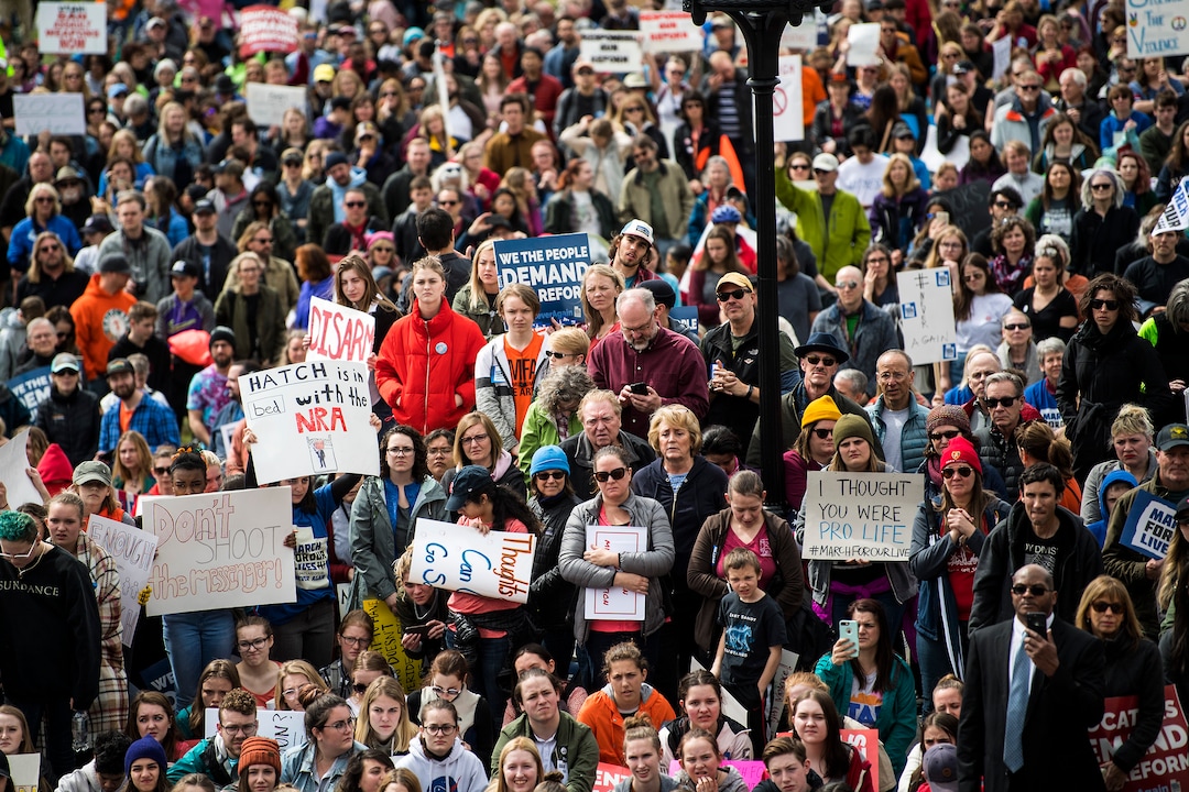 (Chris Detrick  |  The Salt Lake Tribune)  Participants listen during the March for Our Lives SLC rally at the state Capitol Sunday, March 25, 2018. The student-led March for Our Lives SLC got underway about 11:30 a.m. with what police estimated were 8,000 participants walking from Salt Lake CityÕs West High School to the front steps of the state Capitol.