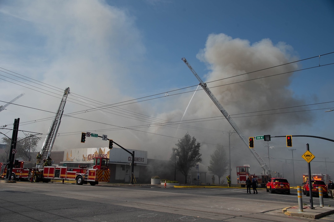 (Francisco Kjolseth  |  The Salt Lake Tribune) Crews work to extinguish a fire at 800 South 200 West in Salt Lake City on Wednesday, Sept. 9, 2020.