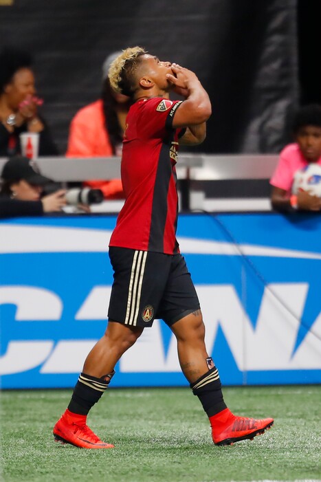 Atlanta United forward Josef Martinez (7) reacts after scoring a goal in the first half of an MLS soccer game against D.C. United, Sunday, March 11, 2018, in Atlanta. (AP Photo/Todd Kirkland)