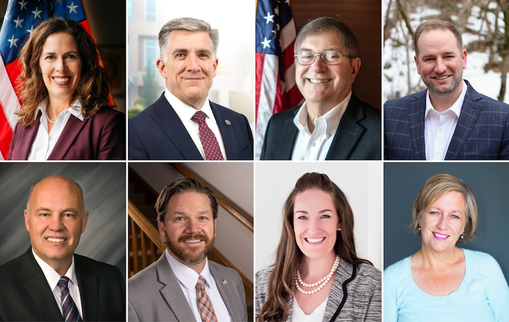 Top row, from left: candidates for the Davis County Commission: Lorene Miner Kamalu; Mark Shepherd; Bob Stevenson and Luke Elijah Brooks. Top row, from left: candidates for the Utah County Commission: Bill Lee; Brandon Gordon; Amelia Powers Gardner and Renee Tribe.