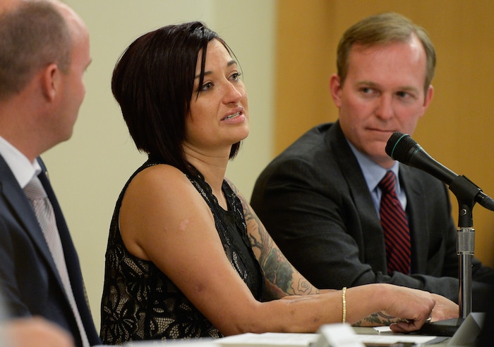(Francisco Kjolseth  |  The Salt Lake Tribune)  Leadership and partners of Operation Rio Grande meet at The Gateway on Tuesday, Aug. 14, 2018, to report on the first year of Operation Rio Grande, as Amy Daeschel tells her story of ending up homeless and being helped back to a better life by the program which launched Aug. 14, 2017. Agency leadership and staff will reported on the three phases of the operation which focused on improving public safety, drug and mental health treatment and employment.