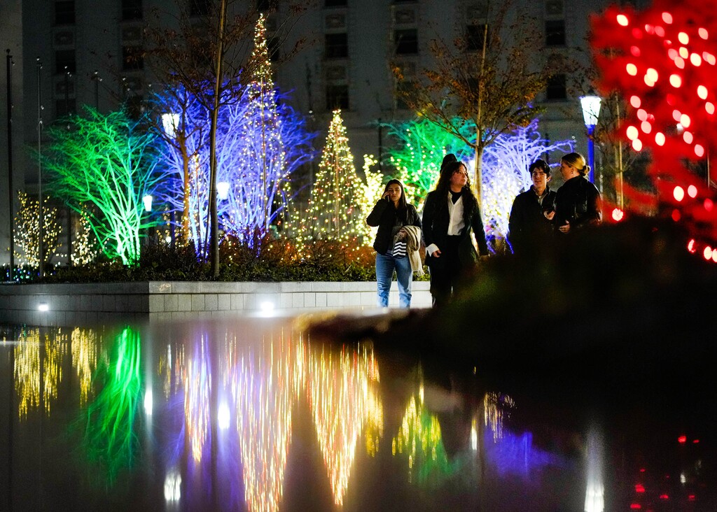 (Francisco Kjolseth | The Salt Lake Tribune) The plaza at Temple Square is lit up for the holidays as people take in the visual delights on Saturday, Nov. 25, 2023.