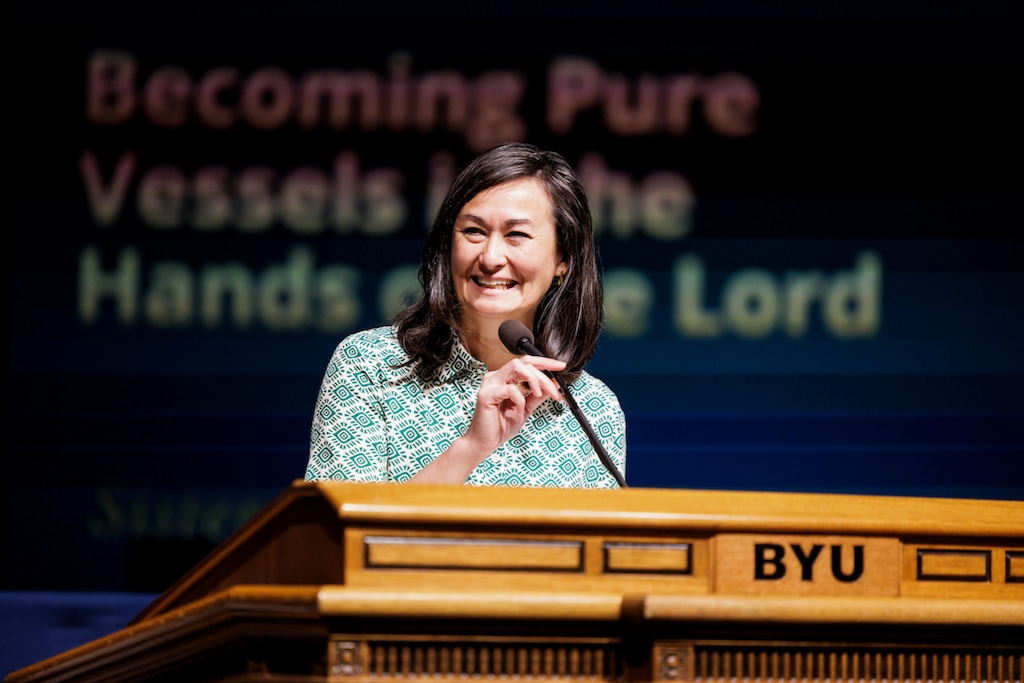 (BYU Photo) Kristin M. Yee, second counselor in the Relief Society General Presidency, speaks during Education Week from the Marriott Center on the campus of Brigham Young University in Provo on Thursday, Aug. 21, 2025.