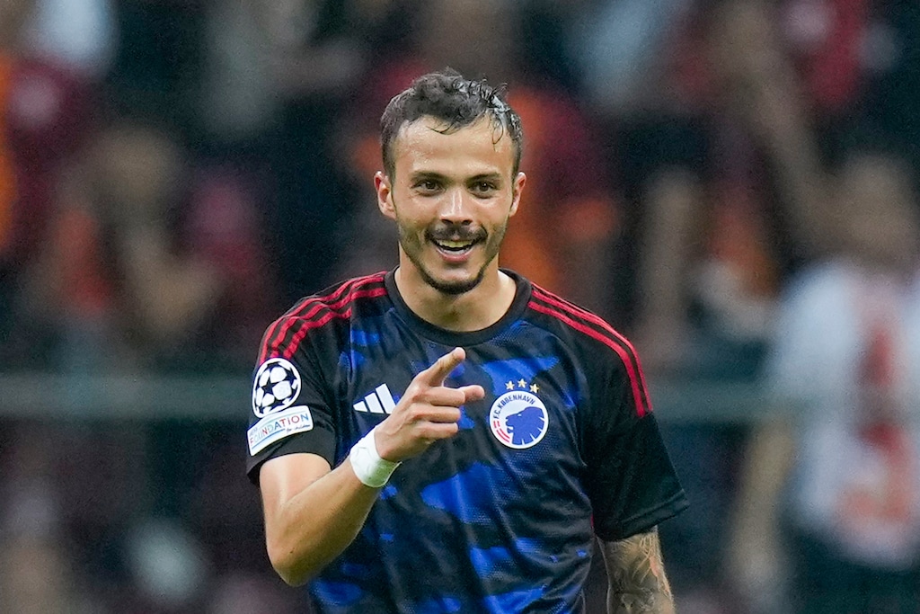 (Francisco Seco | AP) Copenhagen's Diogo Goncalves celebrates scoring his side's second goal during their Champions League Group A soccer match between Galatasaray and FC Copenhagen in Istanbul, Turkey, on Sept. 20, 2023. Goncalves is joining Real Salt Lake on a reported $3 million transfer.