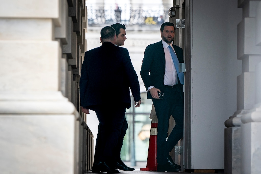 (Haiyun Jiang | The New York Times) Former Rep. Matt Gaetz (R-Fla.), center, arrives at the U.S. Capitol in Washington with Sen. JD Vance (R-Ohio), right, the vice president-elect, on Wednesday morning, Nov. 20, 2024. Gaetz withdrew from consideration on Nov. 21, saying he was an unfair distraction to the transition.