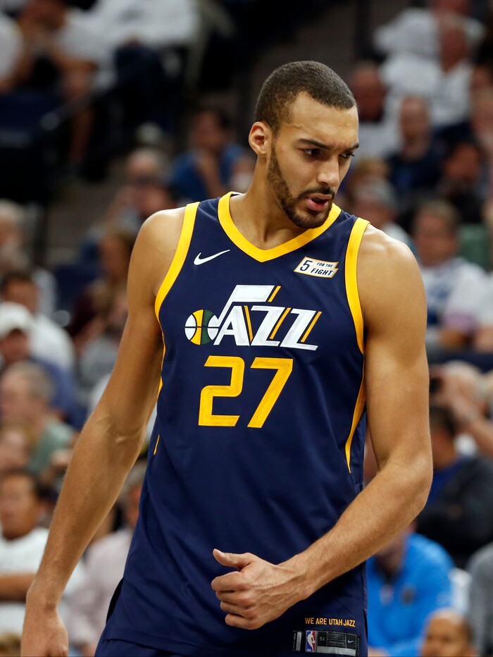 Utah Jazz's Rudy Gobert of France plays during the fourth quarter of an NBA basketball game against the Minnesota Timberwolves Friday, Oct. 20, 2017, in Minneapolis. (AP Photo/Jim Mone)